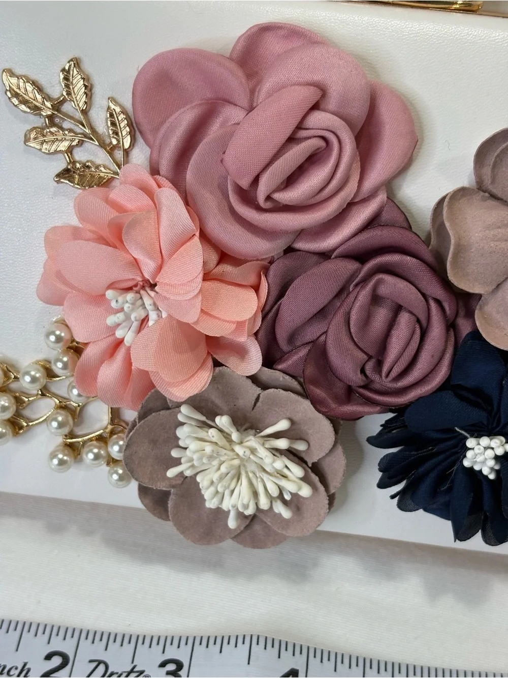 Floral Embellished White Clutch with Multicolor Flowers